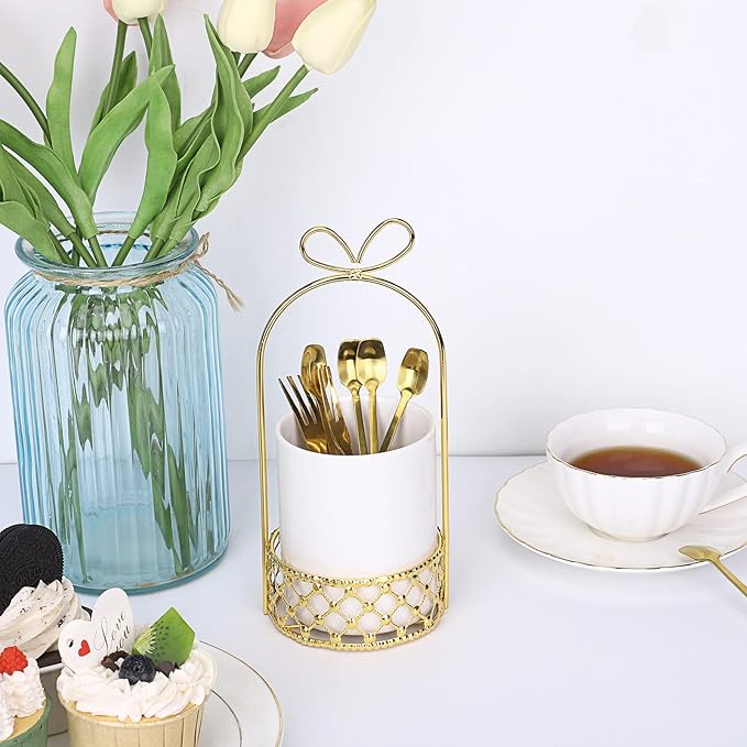 JUXYES Ceramic Silverware Holder For Tabletop, White Cutlery Holder With Golden Metal Bracket, Decorative Flatware Holder Countertop Utensil Holder Organizer for Wedding Kitchen Dining Tables
