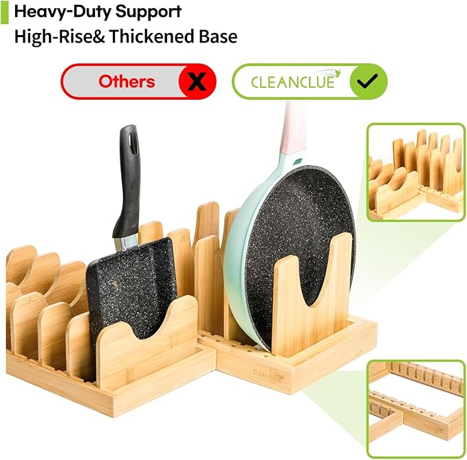 Pots and Pans Organizer under Cabinet, Bamboo Expandable Bakeware and Cutting Board Organizers, Adjustable Pot Lids Holder Rack, Cookie Sheet Baking Pan, Tray Organizer for Kitchen Storage (Natural)
