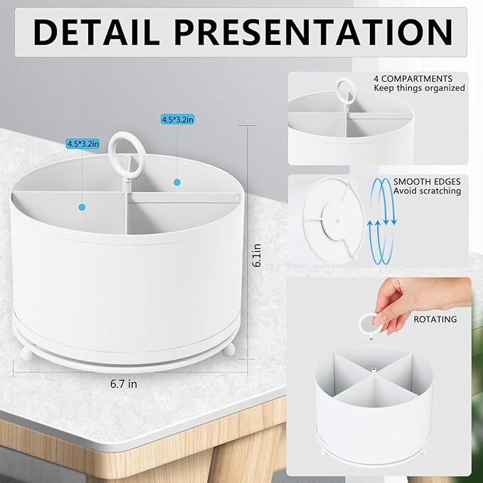360°Rotating Silverware Caddy,4 Compartment Silverware Holder Countertop ,Outdoor Silverware Organizer for Picnic Camping Party Metal Utensil Flatware holder with Handle -White