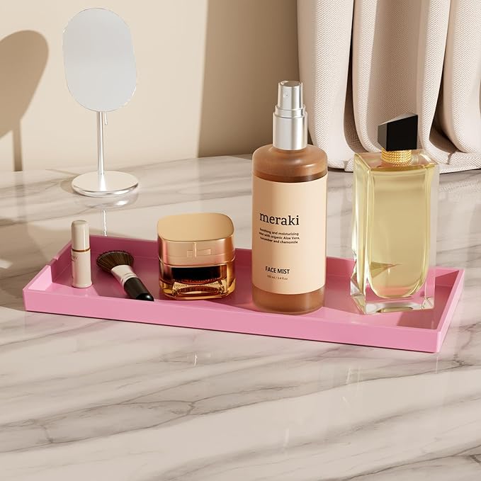 Vanity and Bathroom Tray, 15" ABS Countertop Organizer,Waterproof Vanity Tray for Toilet Tank,Perfume,Soap,Keys,Bathroom Accessories,Kitchen and Bath Trays,Non Slip Small Trays,Pink