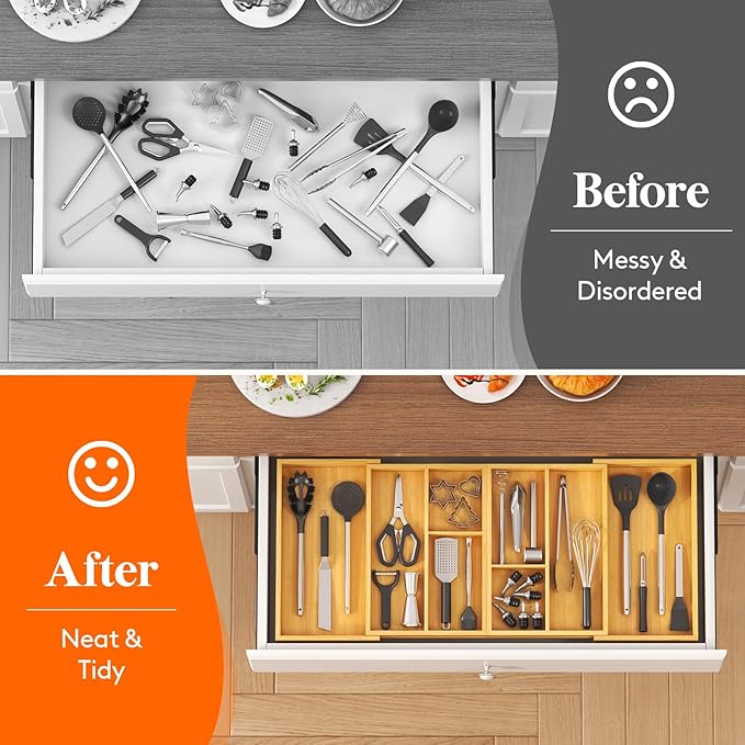 Lifewit Large Utensil Organizer for Kitchen Drawer, Expandable 21.4 to 36 Inches Wide, Adjustable Cooking Silverware Tray, Bamboo Cutlery Flatware Holder, Spatula Tool Gadget Storage Divider, Natural
