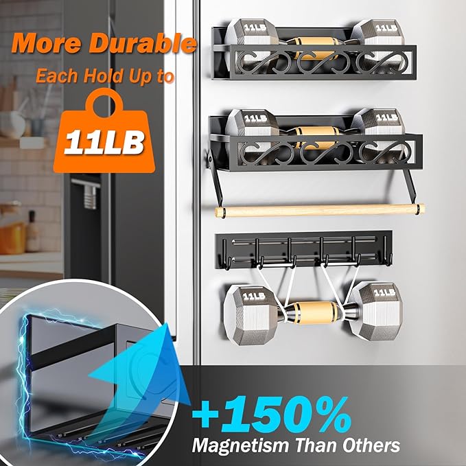 Spice Racks Magnetic for Refrigerator, Magnetic Spice Shelves with Paper Holder, Moveable 6 Hook Rack, Magnetic Fridge Organizer Set(3Pack), BLACK