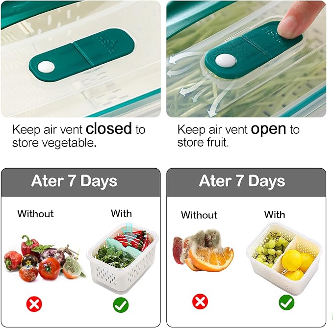 Upgraded Fresh Produce Vegetable Fruit Storage Containers,Large Fruit Containers for Fridge with Lid Vent Handle and Colander ,Keep Berry Fruit Vegetable Food Meat Fresh Longer (5)