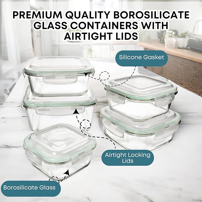 Razab 10 Pcs Glass Food Storage Containers with Lids โ 74, 40, 27 & 18 Oz | Glass Meal Prep Containers Reusable | Lunch Containers with Lids, BPA-free freezer storage