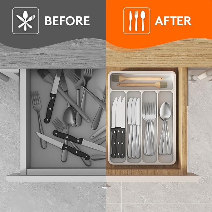 Lifewit Silverware Drawer Organizer Tray, Plastic Cutlery Storage for Kitchen Drawer, Flatware and Utensil Holder Divider for Spoons Forks Knives Tableware, 5 Compartment, White