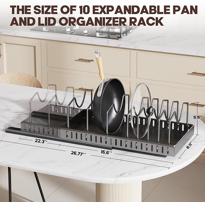 Pull Out Pots and Pans Organizer Under Cabinet, Expandable Sliding Lid Holder and Pan Rack for Kitchen, Slide Out inside Cabinet for Pot Lid, Bakeware, Dishes, 10 Adjustable Dividers, 2 Pack Black