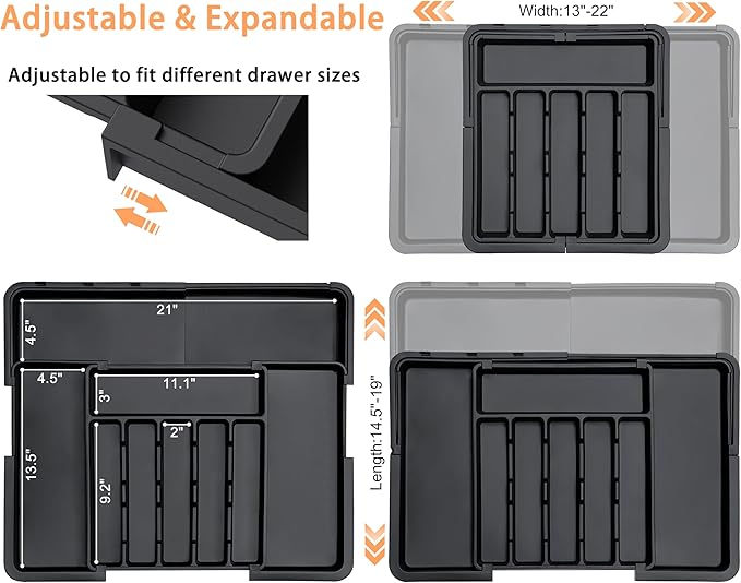 Silverware Organizer Expandable Kitchen Utensil Drawer Organizer Large BPA Free Adjustable Cutlery Silverware Tray for Spoons Forks Knives Storage Divider for Kitchen Flatware 6-9 Slots Black