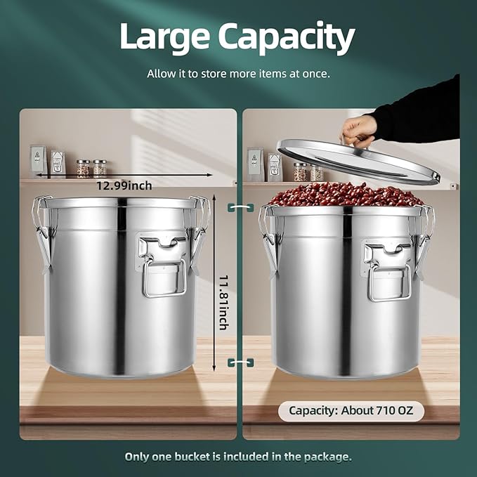 DYNAMI 304 Stainless Steel Airtight Canister with Airtight Lids, 5.5Gal Large Canisters Container w/Locking Clamp,Bucket Metal Food Storage Containers for Flour,Grain, Coffee Bean(21L)