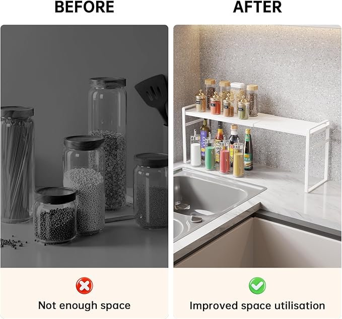 Expandable Metal Spice Organizer Shelf, Standing Small Narrow Rack for Seasonings, Adjustable Kitchen Storage Shelf Countertop (White, L13.7-23.6''*W3.54''H7'')