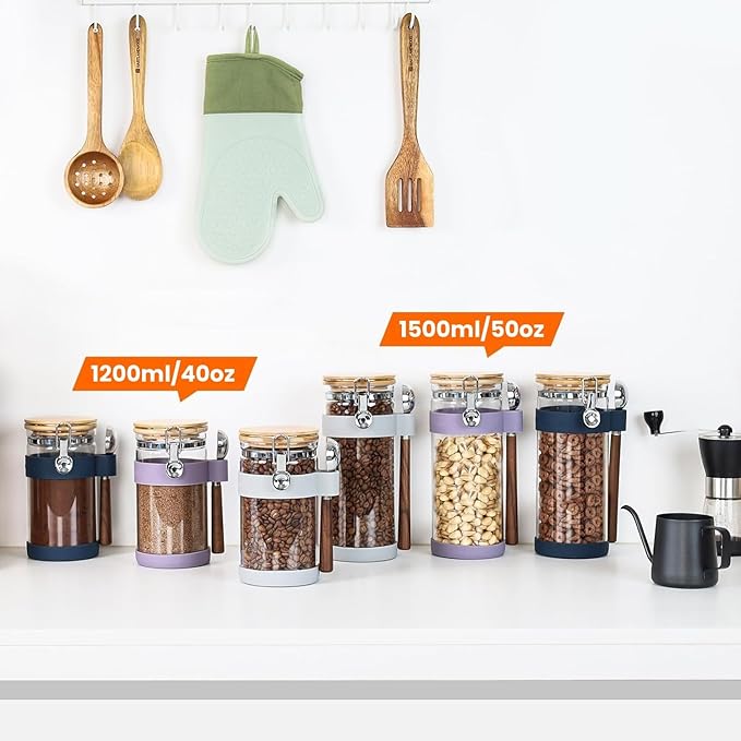 KKC HOME ACCENTS Airtight Clear Glass Coffee Bean Storage Container with Scoop,Air Tight Sealed Glass Canister with Bamboo Clamp Lid for Cereal,Loose Tea,Nut,Sugar,50 Fluid Ounce