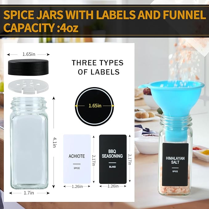 48 Glass Spice Jars with Labels,Spice Jar Set,4oz Seasoning Containers,Spice Containers with Black Airtight Lids and Shaker Lids,Square Empty Spice Bottles, 492 Labels,2 Marker Pens,1 Funnel