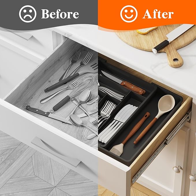 Lifewit Expandable Silverware Drawer Organizer, 22.4 x 16.7 x 2 inches, Adjustable Utensil Cutlery Tray for kitchen, Plastic Flatware Spoon Fork Knives Holder Storage Divider,1 Pack, Black