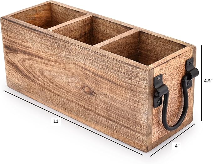 Samhita Mango Wood Cutlery Holder Caddy Organizer Wooden Utensil Storage Organizer Countertop for Silverware Fork Spoon Spatula 3 compartments (11" x 4" x 4.5")