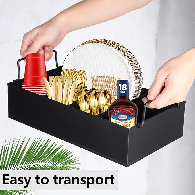 Paper Plate Dispenser Holders Utensil Caddy for Countertop,Outdoor Silverware Caddy, Picnic and Camping Utensil Holder, Flatware Organize with Handle for Party Gatherings, Metal (Black)