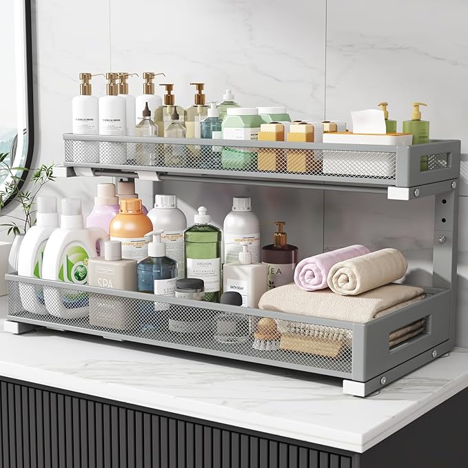 2 Pack 20.47IN Depth Under Sink Storage Organizer, Large 2-Tier Elegant Mesh Pull Out Shelf for Kitchen and Bathroom Cabinet Organization, L-Shaped and Adjustable Height Design-Grey