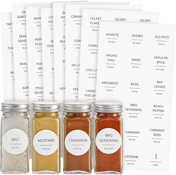 Talented Kitchen 144 Spice Labels Stickers, White Spice Jar Labels Preprinted for Spice Jar Lids, Seasoning Herbs Spice Rack Organization, Water Resistant, Black Minimalist (Round 1.5 in)
