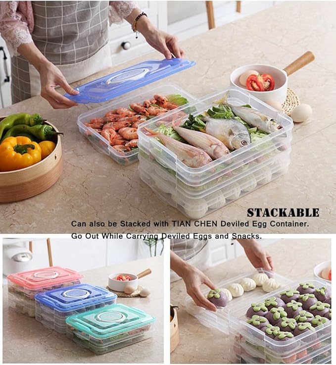 Refrigerator Organizer Bin, Plastic Food Storage Containers with Lid, 3-Layer, BPA free, Stackable Food Organizer Keeper for Snack, Vegetables, Meat, Fish, Bacon (blue)