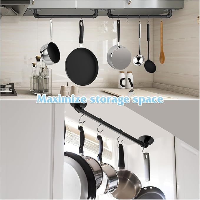 Pot Pan Rack Wall Mounted Set of 2, 21" Industrial Pipe Utensils Hanger Holder Pots Storage Organizer Iron Detachable Hanging Rail for Kitchen with 10 S Hooks…
