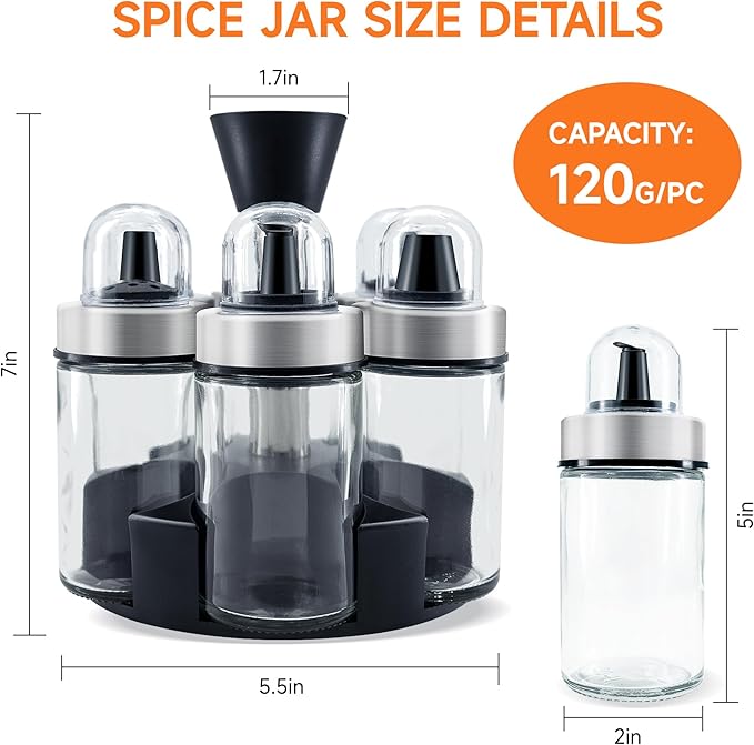 Mlici 6pc Rotating Glass Spice Jars with Base, Oil Vinegar Dispenser Set for Kitchen Countertop Storage, Space-Saving Seasoning Containers for Salt, Pepper and Olive Oil