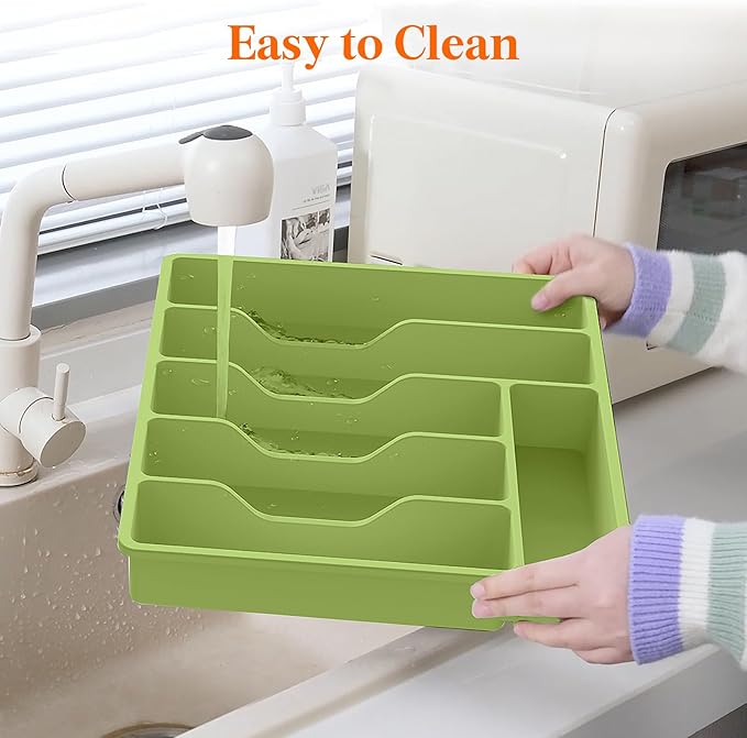 Lifewit Silverware Organizer with Lid, Covered Utensil Tray for Kitchen Drawer and Countertop, Plastic Cutlery and Flatware Storage Box for Spoons Forks Knives Holder Case, 6 Compartments, Green