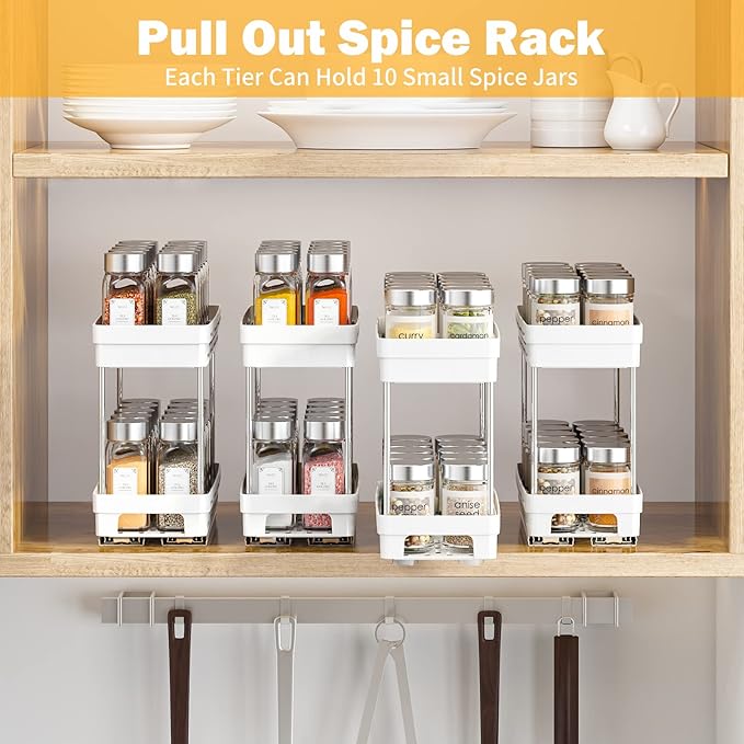 2-Pack Pull-Out Spice Rack Organizer for Cabinet, Slide-Out Rack, Easy to Install, 4.4"W x 10.5"D x 8"H, Holds 10 Spice Jars Each - 2 Tier, White