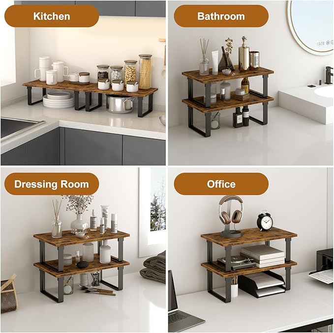 Cabinet Shelf Organizers, Set of 4 Stable Kitchen Counter Shelves, Stackable Expandable Spice Racks, Wood Anti-Slip Kitchen Organizers and Storage, Easy to Assemble, Rustic Brown