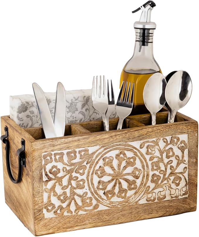 Mie Creations 4 Compartment Wooden Silverware Caddy Utensil Holder, Farmhouse Cutlery Flatware Organizer, Decorative Wood Caddy with Metal Handles for Kitchen, Buffet Party, Mothers Day Gift for Mom