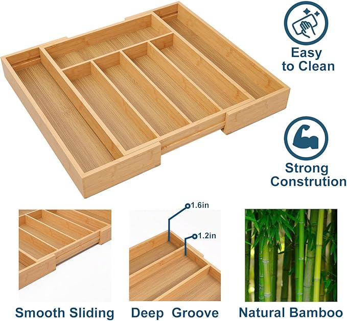 Expandable Kitchen Drawer Organizer,Bamboo Silverware Organizer for Utensils,Adjustable Flatware Tray(14.96 * 11.69~19.68 * 1.96)