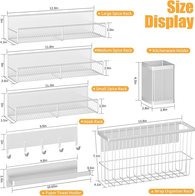 7 Pack Metal Magnetic Spice Rack for Refrigerator, Moveable Storage Fridge Organizer - White