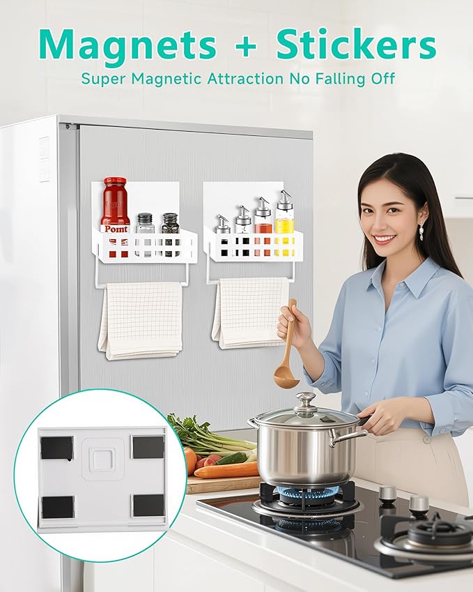 2 Pack Magnetic Spice Storage Rack Organizer for Refrigerator with Towel Bar, 4.9"W Holds Large Jars of Jam, Condiments, Magnetic Spice Rack for Stove and Oven, 4 Magnents and Sticker No Falling Off