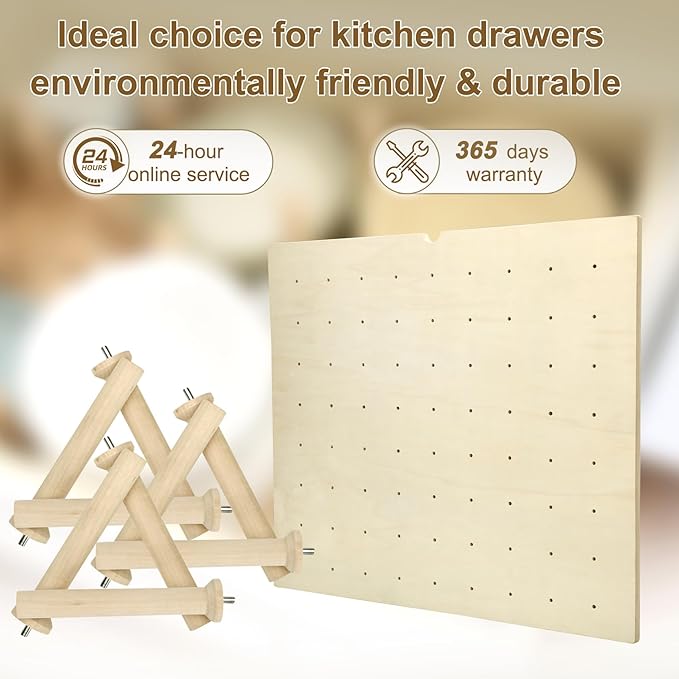 Sammery 24''x21'' Pegboard Drawer Organizer, Trimmable Peg Board Divider for Kitchen Drawer, Wooden Peg Board Organizer for Utensil Storage, Plates & Dishes Rack, 12 pcs Pegs