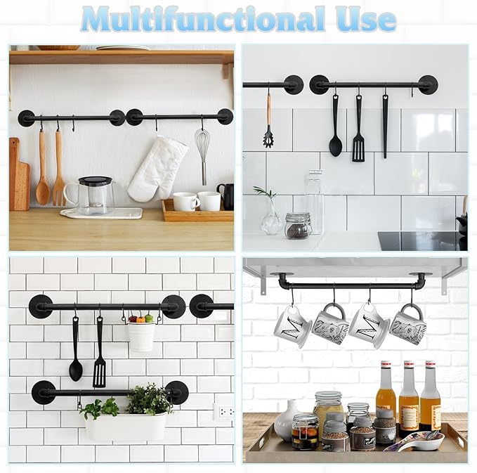 Pot Pan Rack Wall Mounted Set of 2, 21" Industrial Pipe Utensils Hanger Holder Pots Storage Organizer Iron Detachable Hanging Rail for Kitchen with 10 S Hooks…