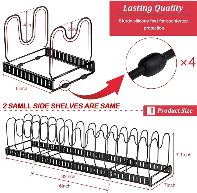 X-cosrack 15 Adjustable Dividers Pot and Pan Organizer Rack, 7"D x 32"W x 7.1"H, 3 in 1, Expandable Lid Bakeware Cupboard Rack Holder for Kitchen Cabinet Pantry Countertop, Black (Patent Pending)