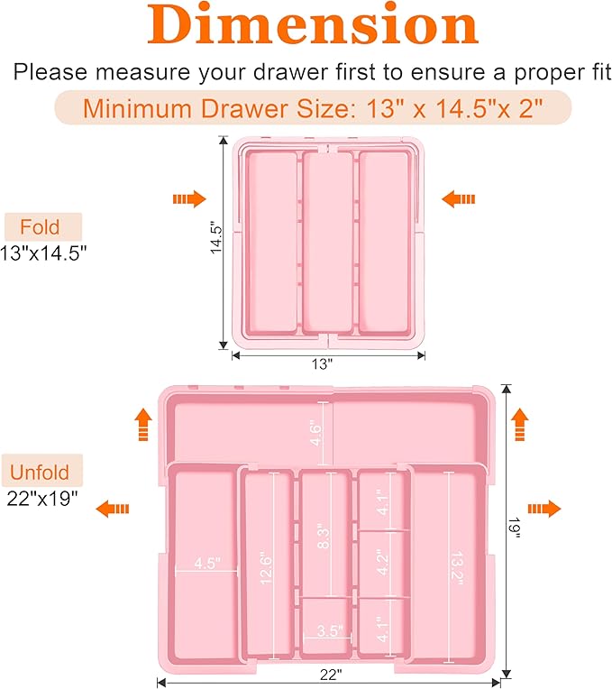 Large Utensil Drawer Organizer Expandable Silverware Organizer for Kitchen Drawer Adjustable Cooking Utensil Holder Cutlery Flatware Tray Spatula Tools Gadgets Storage Dividers Plastic Pink