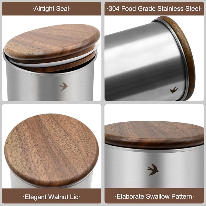 Food Storage Jar Canister with Airtight Walnut Wood Lid Elegant Design Stainless Steel Canister for Tea Coffee Sugar Spice Nuts Snacks Seasonings Storage Jar Caddy (12.8oz Natural)