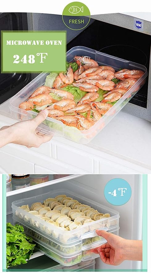 Refrigerator Organizer Bin, Plastic Food Storage Containers with Lid, 3-Layer, BPA free, Stackable Food Organizer Keeper for Snack, Vegetables, Meat, Fish, Bacon (blue)