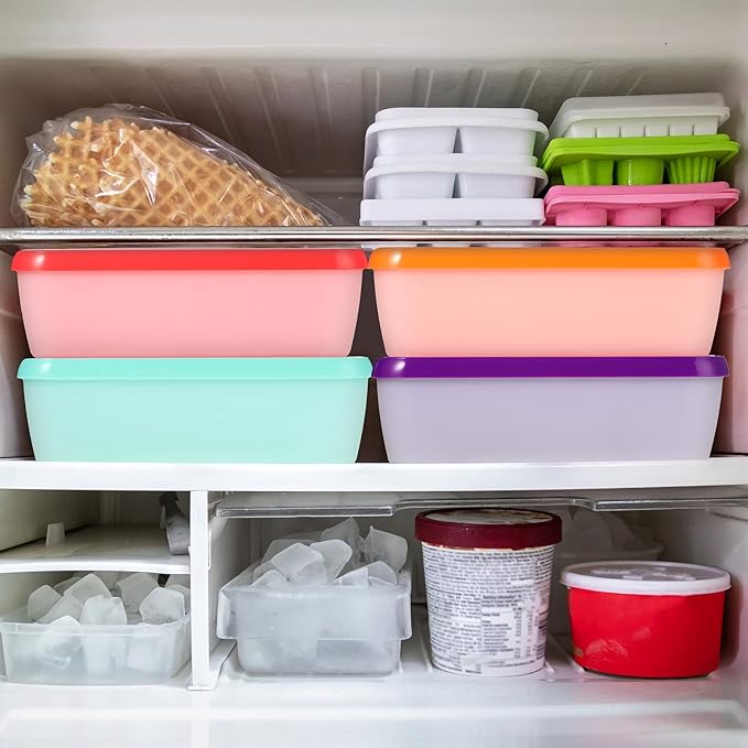 Nuenen 4 Pcs Reusable Ice Cream Containers with Lids and a Scoop 1.5 Quarts Plastic Rectangle Dessert Storage Tubs Homemade Ice Cream Storage Containers for Freezer Kitchen Refrigerator (Cute Colors)