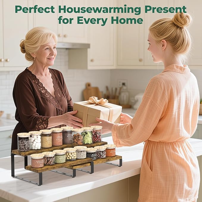 EsLuker.ly Spice Seasoning Rack Organizer Kitchen Countertop, Set of 2 Expandable Wood Spice Shelf Holder Storage, 2 Tier Freestanding Stand for Pantry, Quick Access(Jars Not Included)