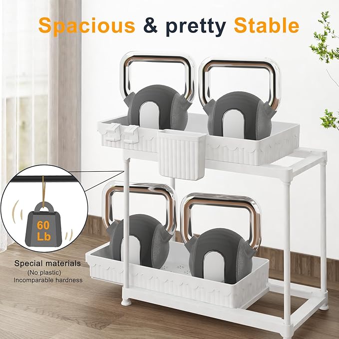 2 Pack Double Sliding Under Sink Organizers and Storage, 2 Tier Under Bathroom Cabinet Shelf Organizer with Hooks Hanging Cup, Home Organization, White