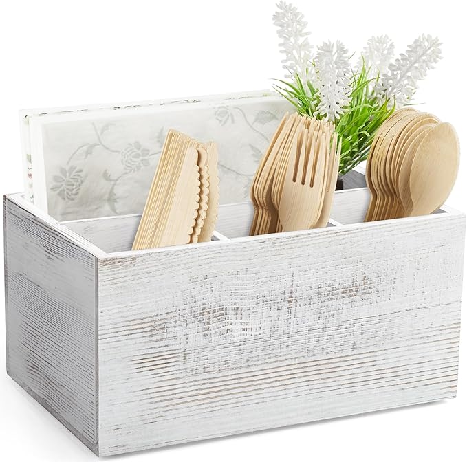 DRASTAR Silverware Caddy, Wooden Utensil Holder, Picnic Cutlery Holder,Retro White Silverware Holder, Plastic Silverware Caddy for Party, Countertop, Camping