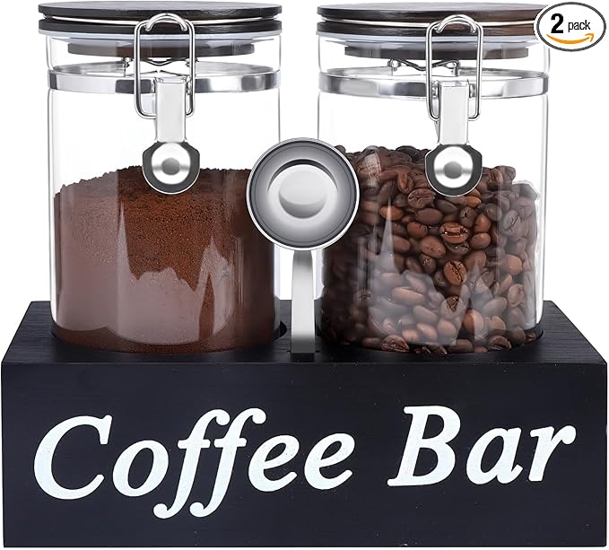 WYTAOHZL 2PCS Glass Coffee Containers With Shelf 54 oz Station Organizer Bean Storage With Spoon Canister Set Jars With Airtight Locking Clamp for Ground Nuts