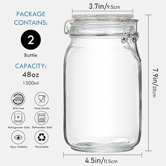 YEBODA 48oz Food Storage Canister Glass Jars with Clamp Airtight Lids and Silicone Gaskets for Multi-Purpose Kitchen Containers - Clear Square (2 Pack)