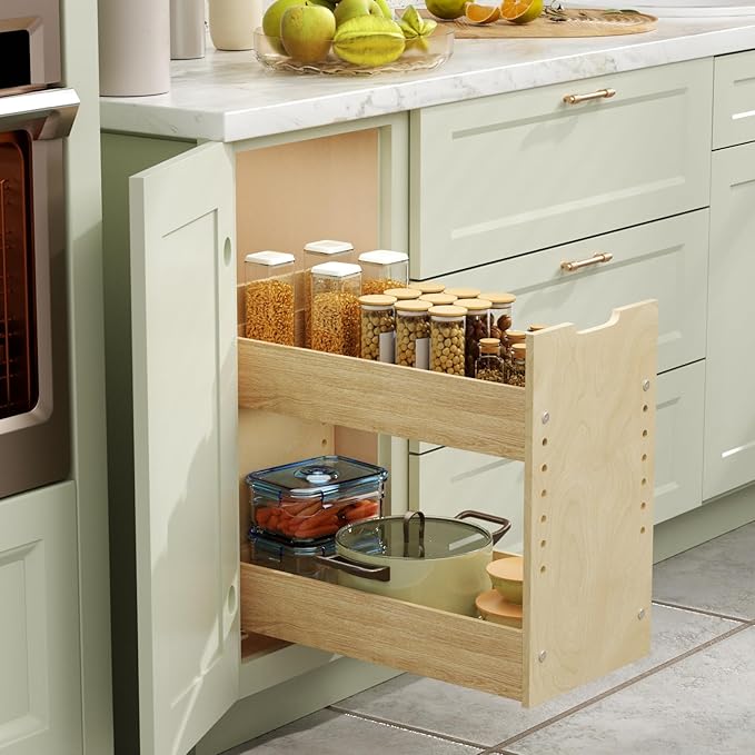 ROOMTEC Pull Out Cabinet Organizer with U Bracket,10½”W x 18½”H 2-Tier Adjustable Kitchen Spice Rack, Spice Rack Organizer for Narrow Cabinet Drawers Slide Out, Soft Close