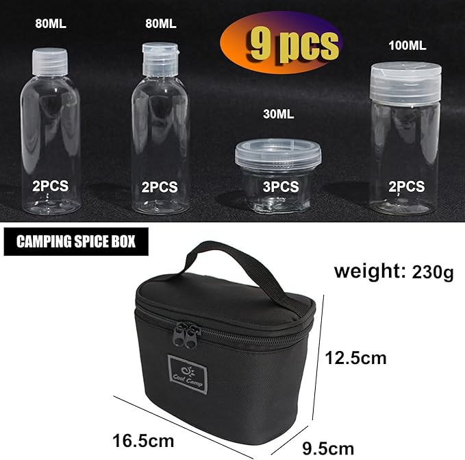 Travel Spice Bottle Kit, Camping Portable Compact Sauce Containers with 9 Seasoning Bottles Jar for Salt Sugar Dry Herb Spice, Great for Home or Outdoor Use
