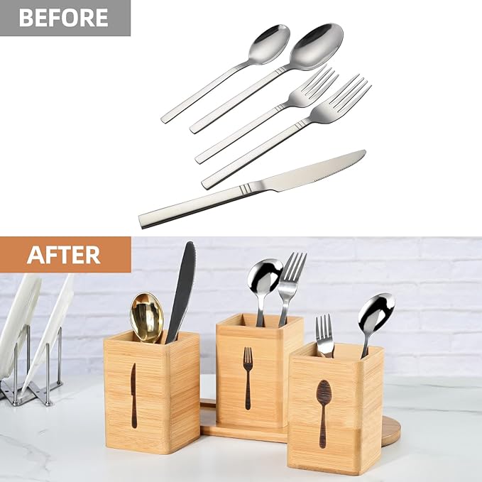 GEHE Silverware Caddy for Countertop, Natural Bamboo Utensil Caddy for Parties, Utensil Holder with 3 Compartment, Silverware Organizer Storage Containers for Spoons, Forks and knives