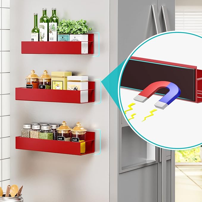 3 Pack Moveable Fridge Magnetic Spice Racks,Metal Red