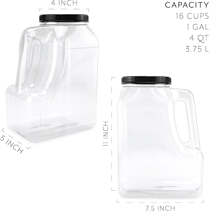 Cornucopia Brands Clear Plastic Gallon Jar w/Handle and Airtight Lid (2-Pack) for Bulk Food, Craft Supplies, Paint and Detergent Storage and More