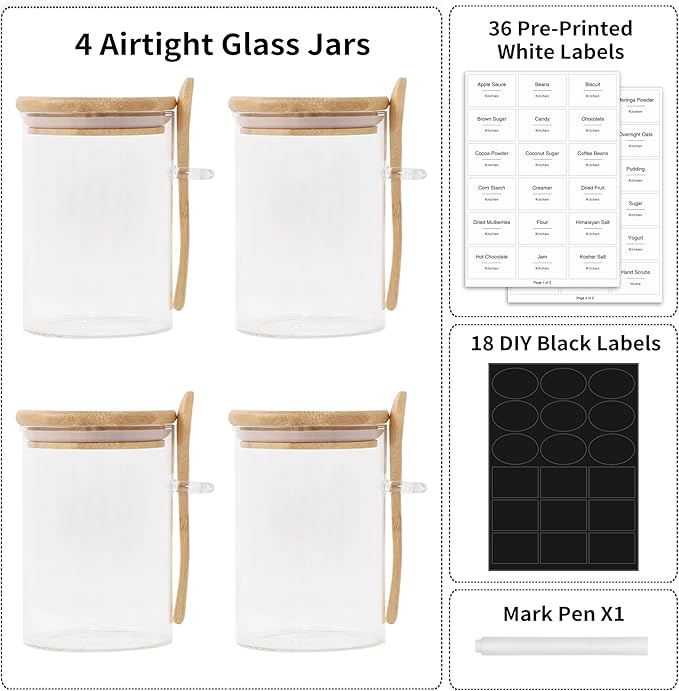 Sugar Jar Bath Salt Container – 17 oz Glass Jar with Bamboo Lid and Spoon, Sugar Cube Holder and Canister for Countertop, Glass Containers for Coffee Beans, Tea and Overnight Oats (4 Pack)