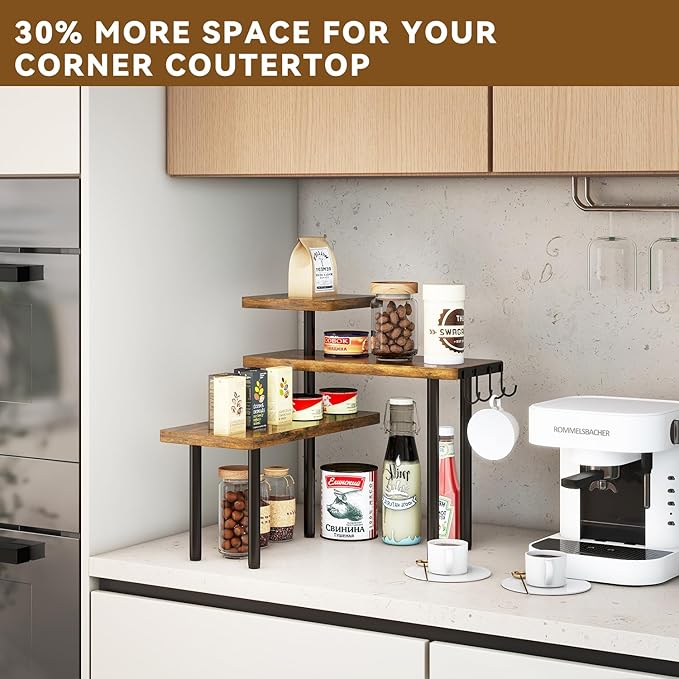 IBUYKE Countertop Organizer,3-Tier Spice Racks,Kitchen Counter Corner Shelf,4 Side Hooks,Adjustable Countertop Shelf for Kitchen, Bathroom, Coffee Bar, Cabinet, Desk,Rustic Brown,TLJ023H