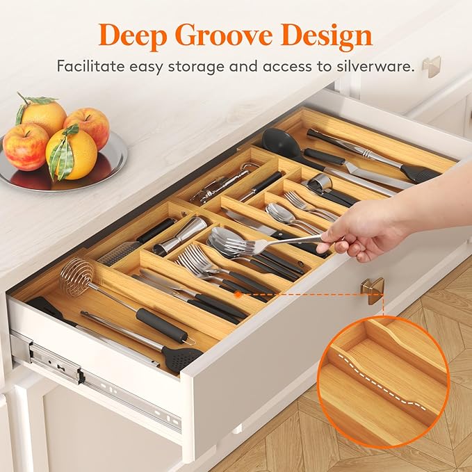 Lifewit Large Silverware Drawer Organizer, Expandable 21.4 to 36 Inches Wide, Bamboo Utensil Tray for Kitchen, Adjustable Flatware and Cutlery Holder for Spoons Forks Knives, 13 Compartments, Natural